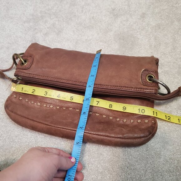 THE SAK Leather Fold Over Crossbody Bag Purse Adjustable Strap Stud Cognac Brown - Picture 12 of 13